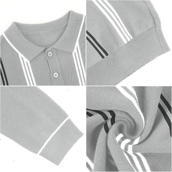 Men's Knit Polo Sweater Long Sleeve Striped Thermal Button Collar Sweater Grey - Picture 4 of 7